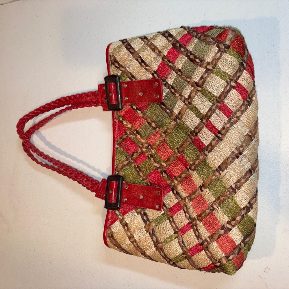 Vintage Woven Straw Tote Bag Red Green Multi Color Basketweave Shoulder Bag